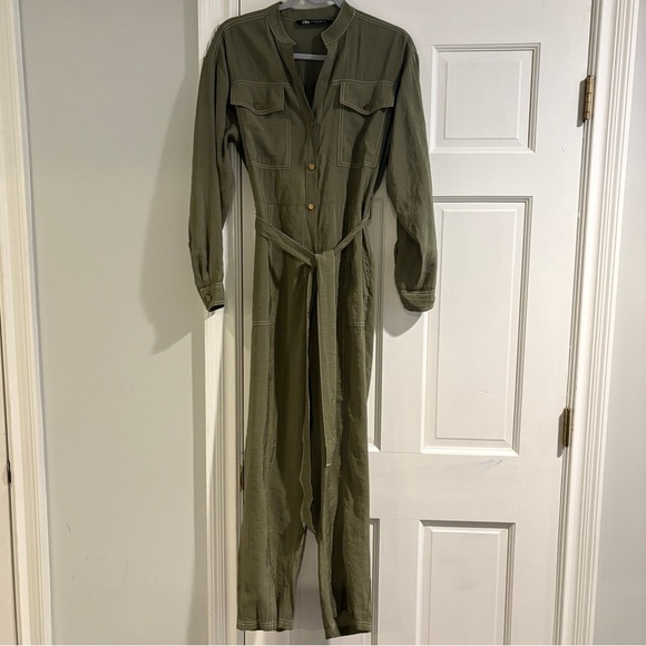 Zara Modal Long Sleeve Belted Jumpsuit w/Contrast Stitch Size Small Olive Green - Picture 4 of 16